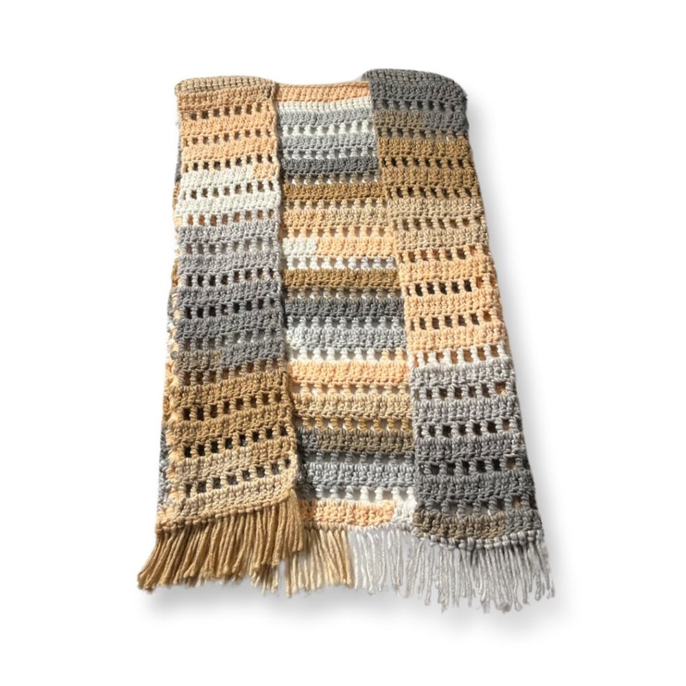Boho Hand Crocheted Long Open Vest with Fringe in Autumnal Colors - Picture 3 of 8
